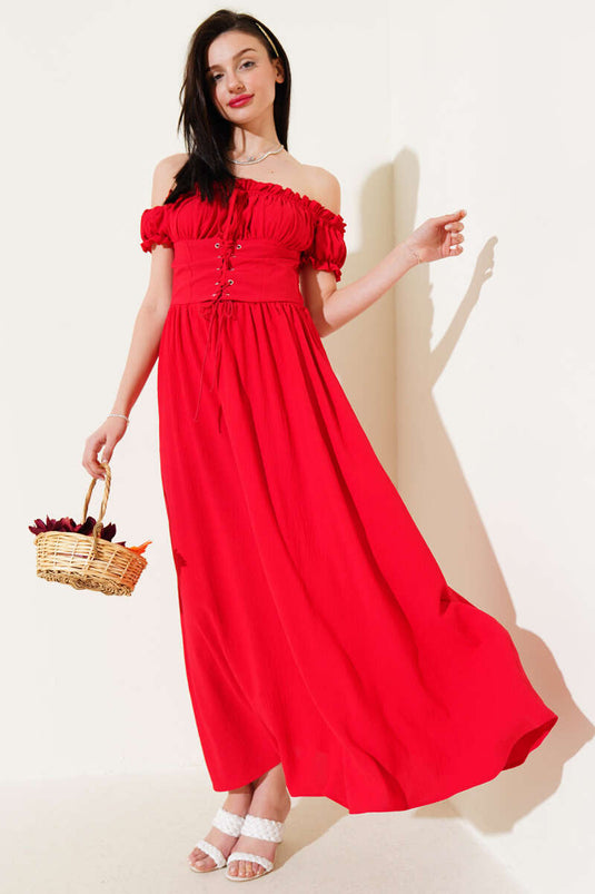 Boat Neck Eyelet Detailed Dress Red