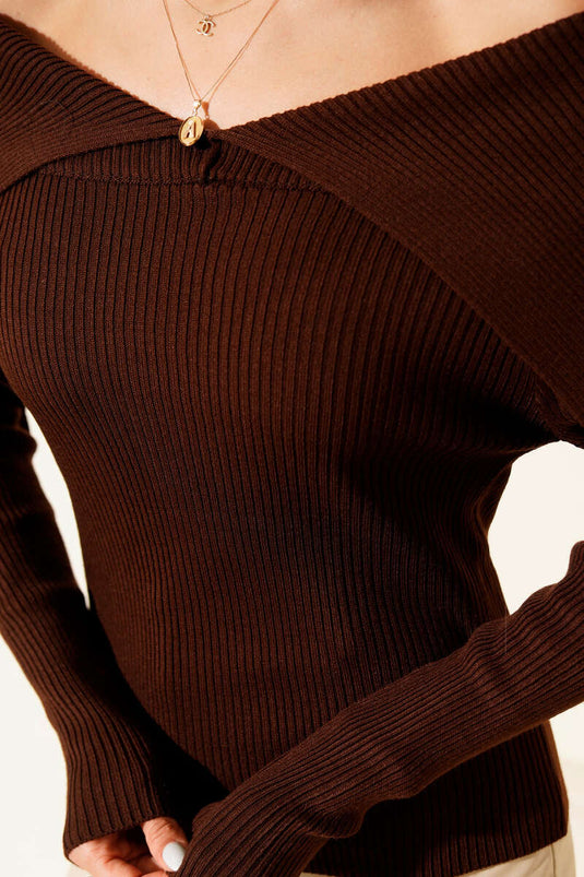 Boat Neck Knitted Sweater, Brown