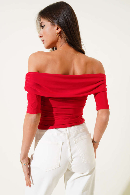 Boat Neck Half Sleeve Sandy Blouse Red