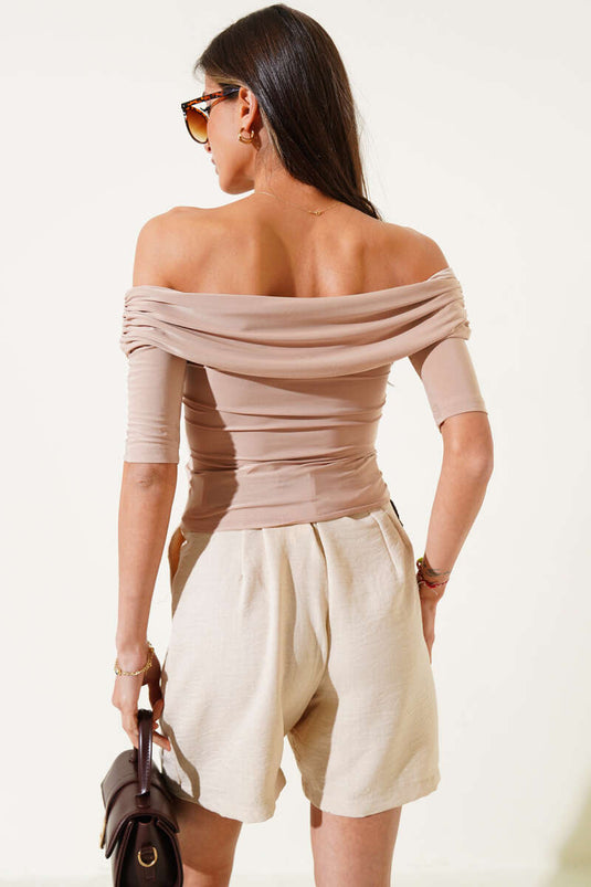 Boat Neck Half Sleeve Sandy Blouse Latte