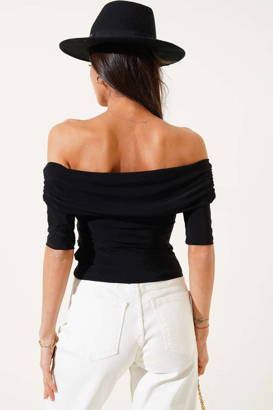 Boat Neck Half Sleeve Sandy Blouse Black
