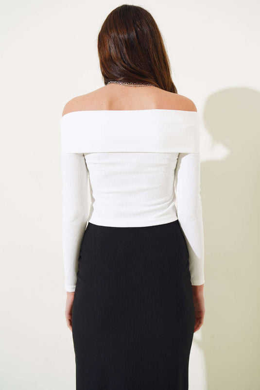 Boat Neck Slit Blouse Ecru