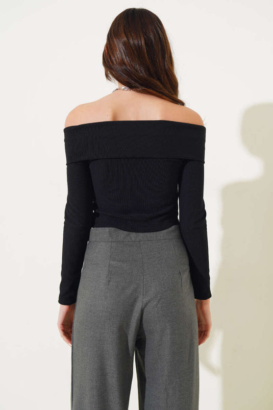 Boat Neck Slit Blouse Black