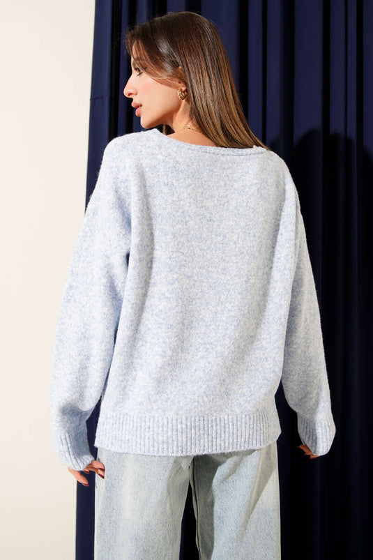 Boat Neck Fluffy Knit Sweater Baby Blue