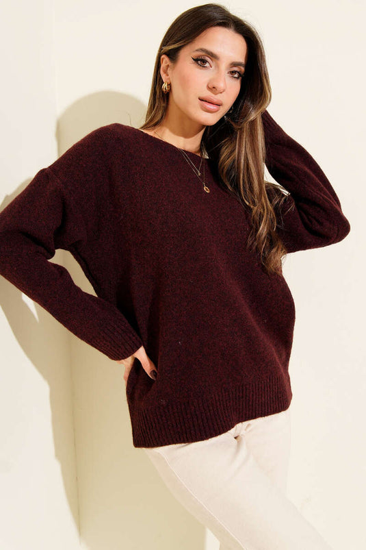 Boat Neck Fluffy Knit Sweater Burgundy