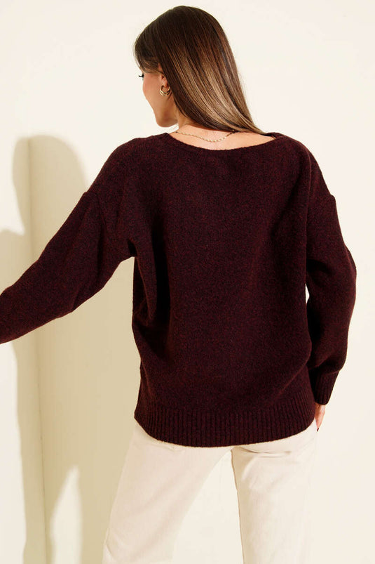 Boat Neck Fluffy Knit Sweater Burgundy