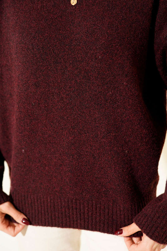 Boat Neck Fluffy Knit Sweater Burgundy