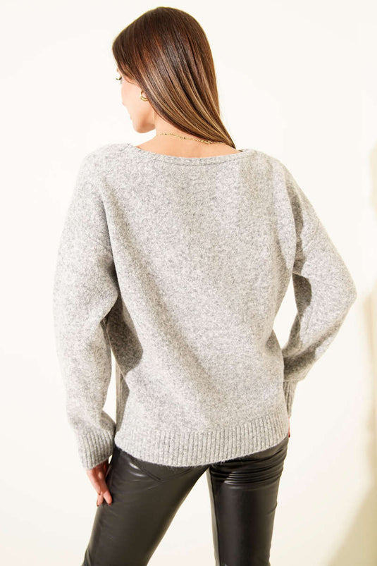 Boat Neck Fluffy Knit Sweater Grey