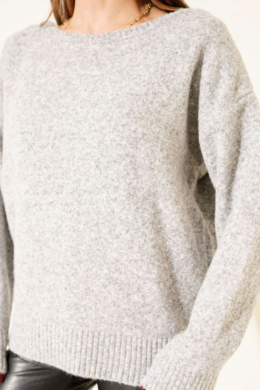 Boat Neck Fluffy Knit Sweater Grey