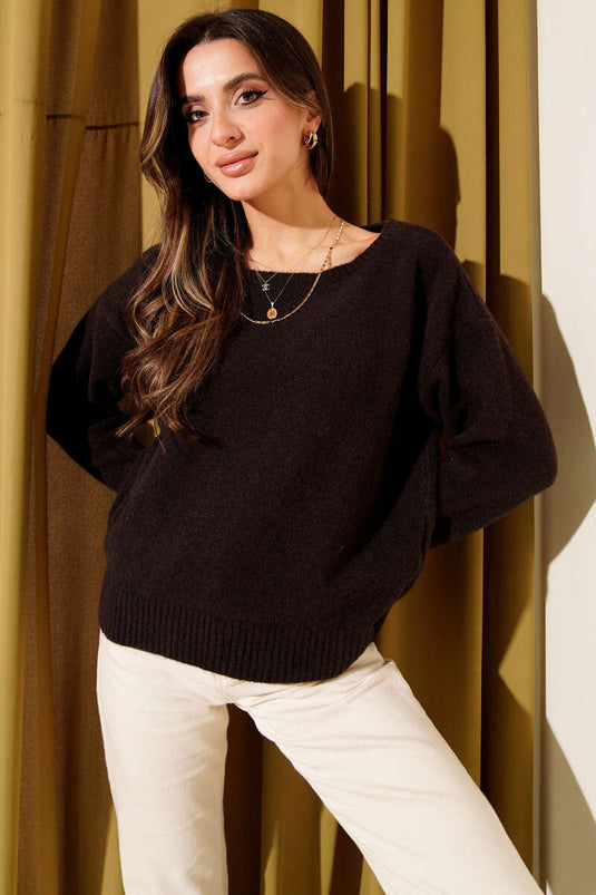 Boat Neck Fluffy Knit Sweater, Coffee