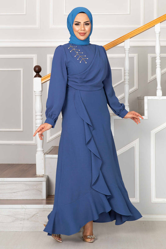 Kayla Rüschen-Hijab-Abendkleid Indigo