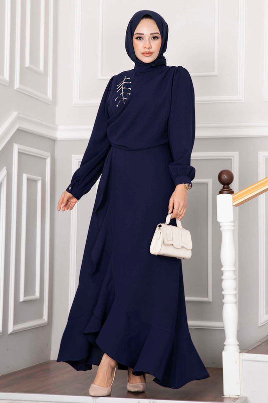 Vestido de noche Kayla Frilly Hijab Azul Parlamento