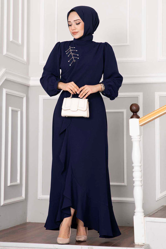 Vestido de noche Kayla Frilly Hijab Azul Parlamento