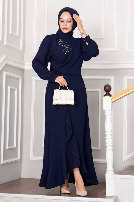 Kayla Rüschen-Hijab-Abendkleid, Parlamentsblau