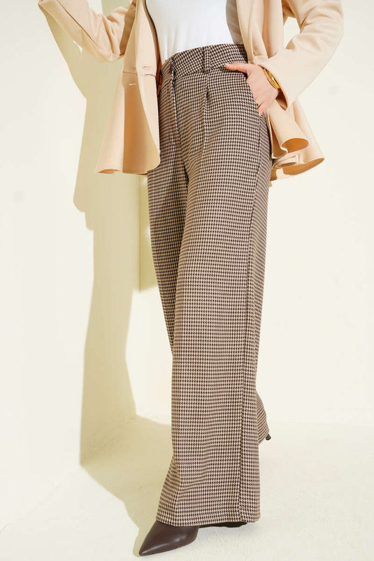 Kazayağı Desen Geniş Paça Pantolon Bej