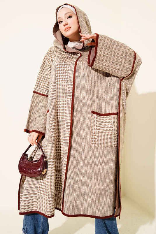 Houndstooth Pattern Hooded Poncho Latte