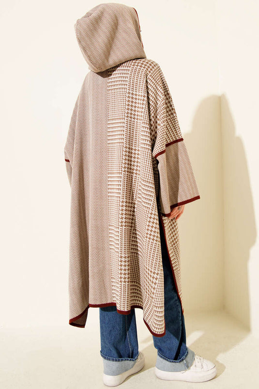 Houndstooth Pattern Hooded Poncho Latte