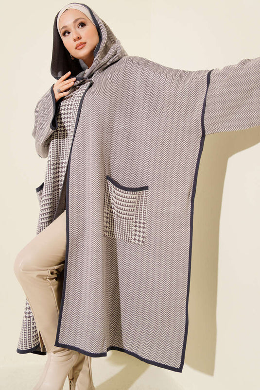 Houndstooth Pattern Hooded Poncho Lilac