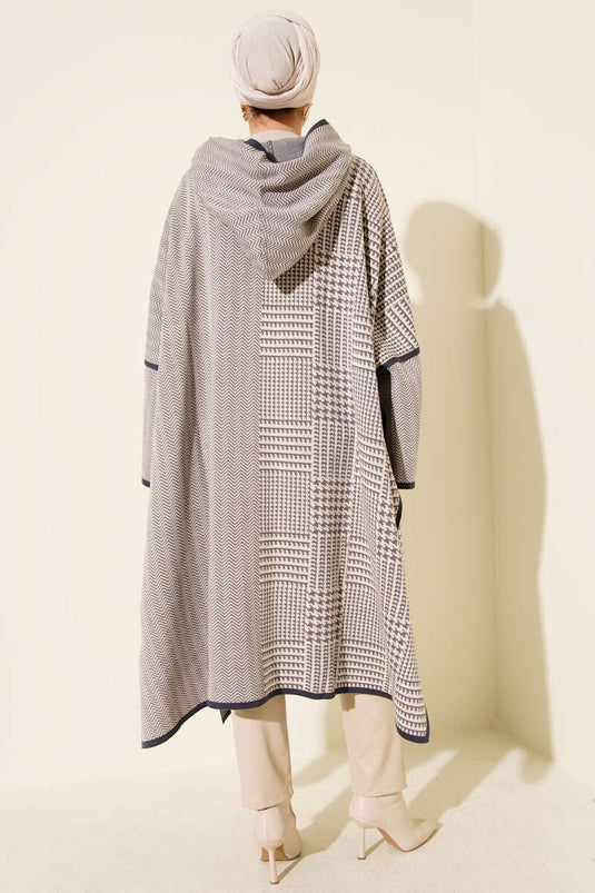 Houndstooth Pattern Hooded Poncho Lilac