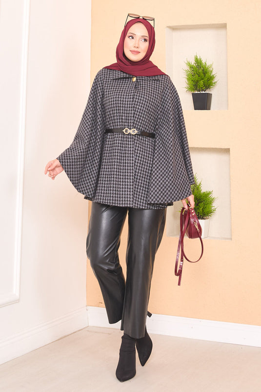 Kazayağı Desenli Kemerli Tesettür Panço Antrasit