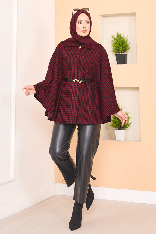 Kazayağı Desenli Kemerli Tesettür Panço Bordo