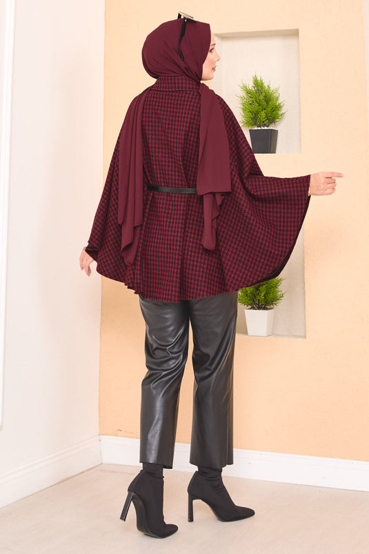 Kazayağı Desenli Kemerli Tesettür Panço Bordo