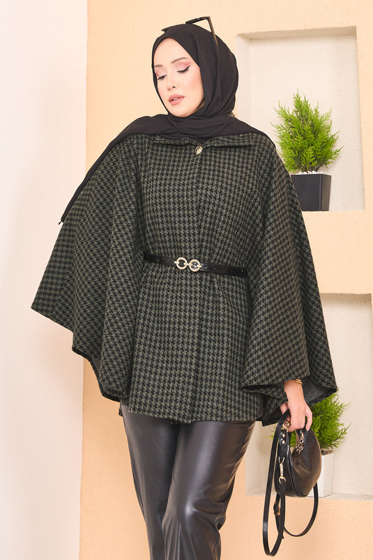 Kazayağı Desenli Kemerli Tesettür Panço Haki