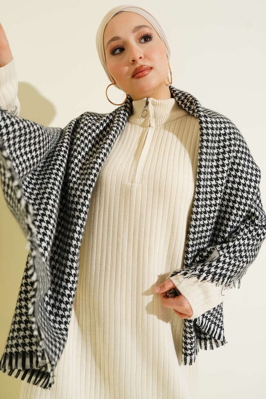 Kazayağı Desenli Omuz Şalı Siyah