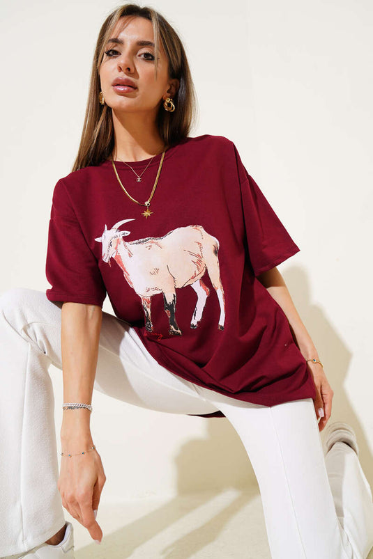 Goat Printed T-shirt Claret Red