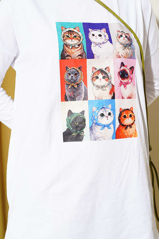 Kedi Baskılı Tunik Beyaz