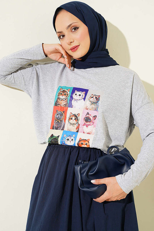 Kedi Baskılı Tunik Gri