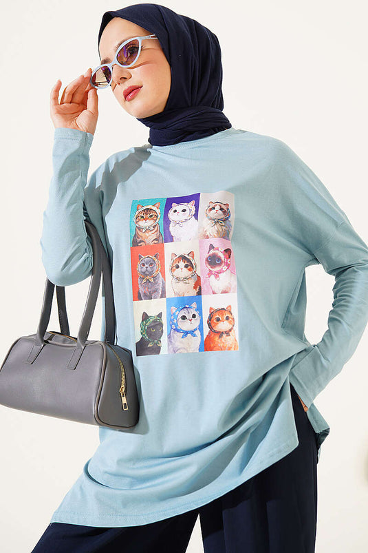 Kedi Baskılı Tunik İndigo