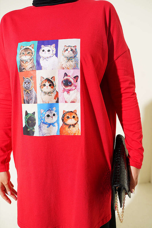 Tunique À Imprimé Chat Rouge