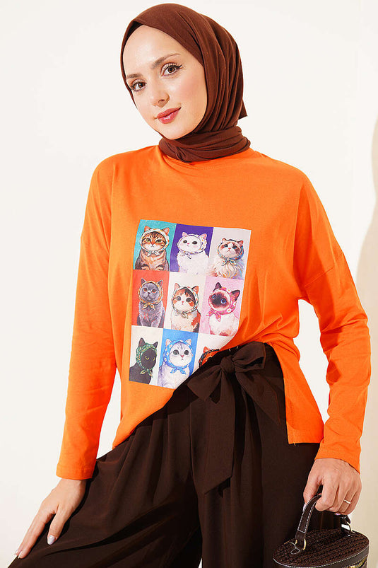Orange Cat Print Tunic