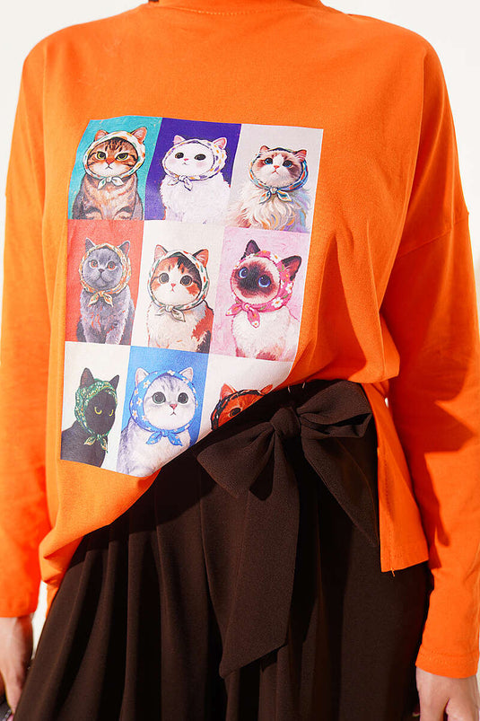 Orange Cat Print Tunic