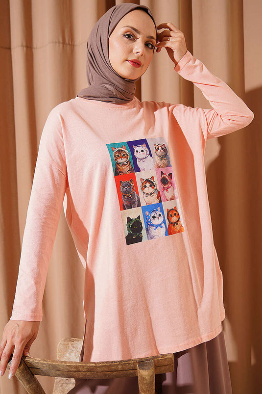 Tunika Con Stampa Gatto Rosa