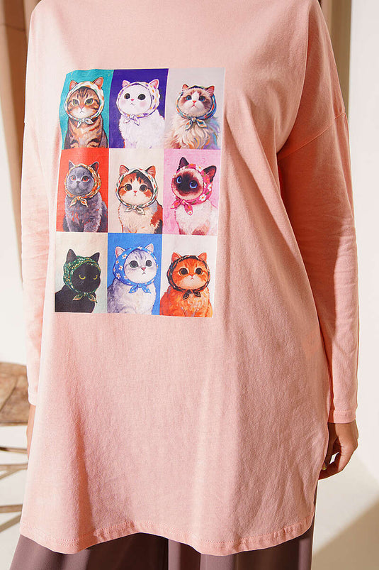 Tunika Con Stampa Gatto Rosa
