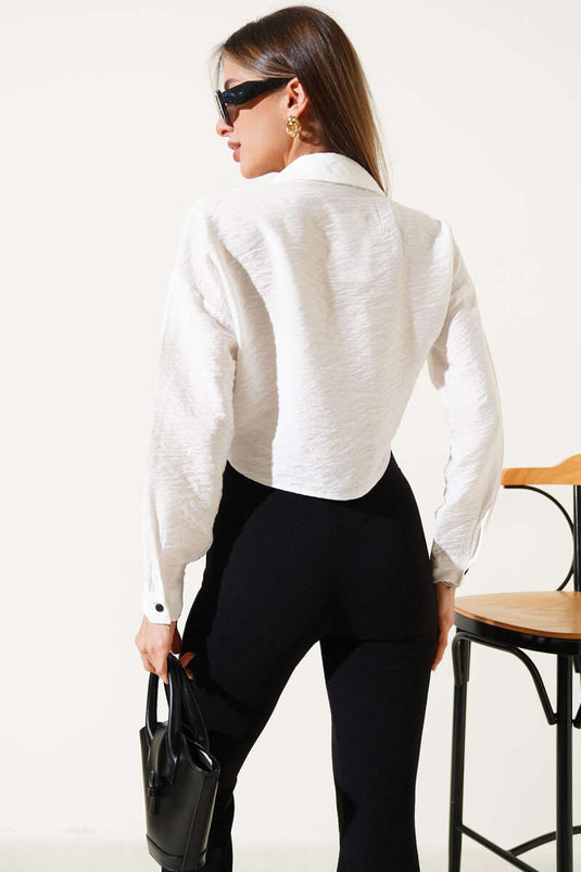 Cat Embroidered Tie Crop Shirt Ecru