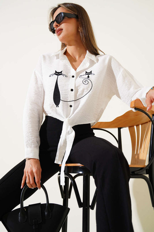 Cat Embroidered Tie Crop Shirt Ecru