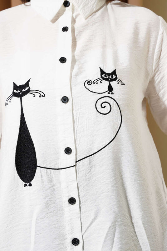 Cat Embroidered Shirt White