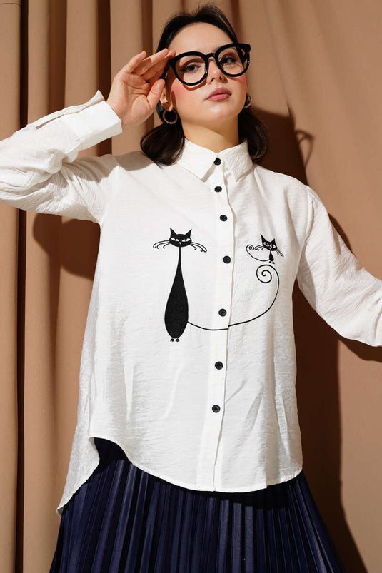 Cat Embroidered Shirt White