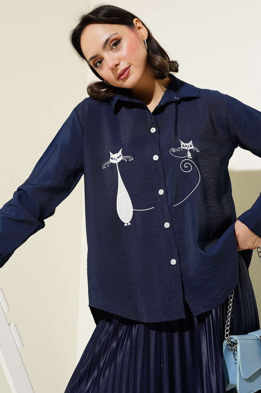Cat Embroidered Shirt Navy Blue