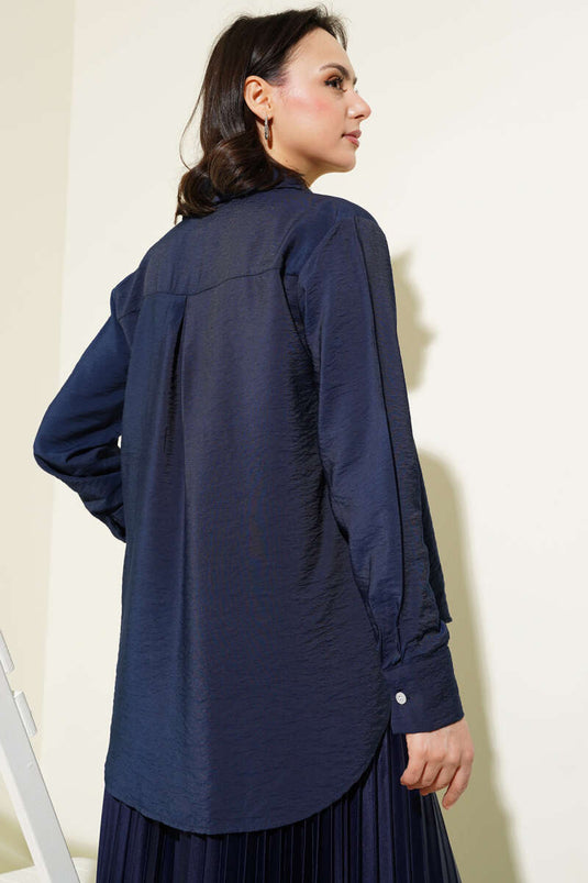 Cat Embroidered Shirt Navy Blue