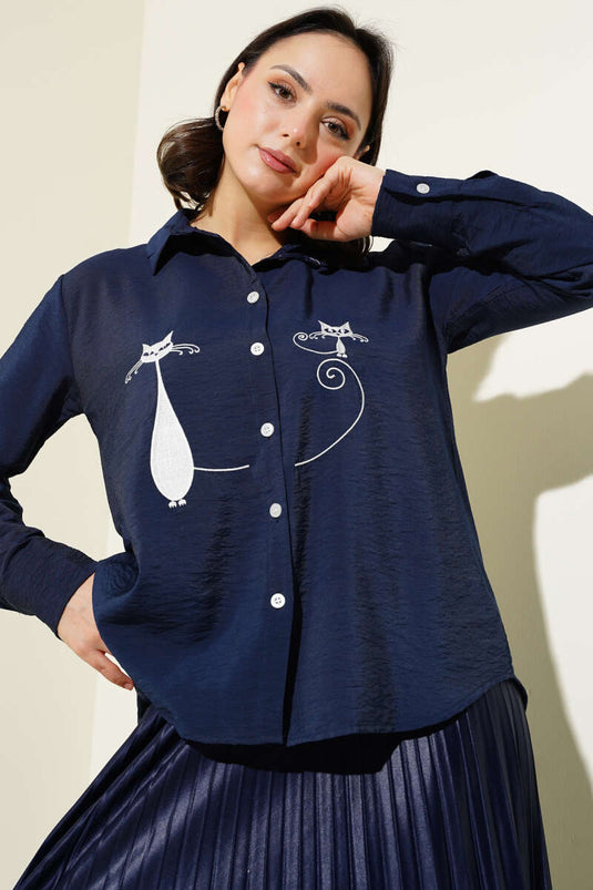 Cat Embroidered Shirt Navy Blue