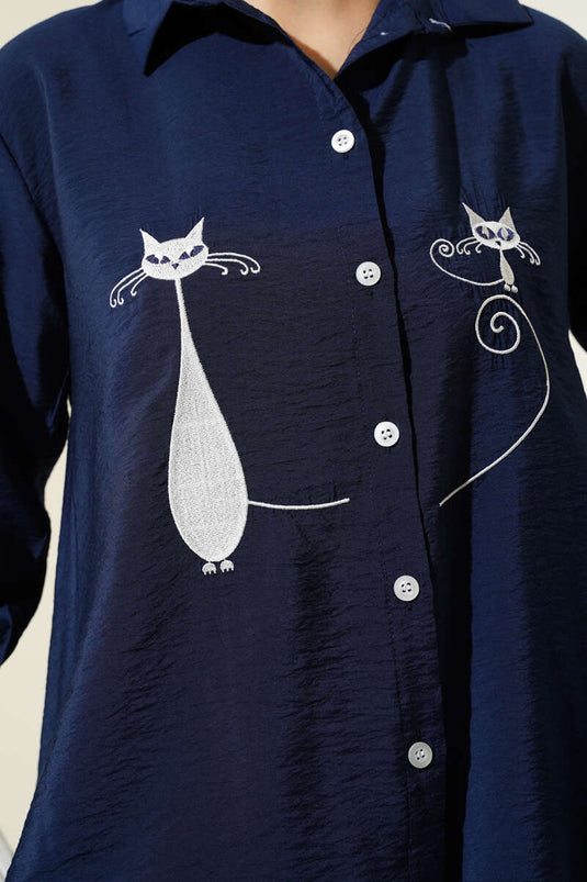 Cat Embroidered Shirt Navy Blue