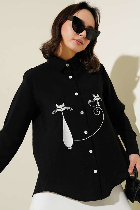 Cat Embroidered Shirt Black