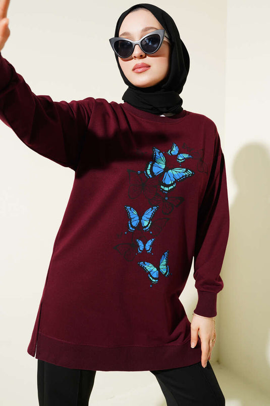 Butterfly Printed Two-Ply Tunic Burgundy