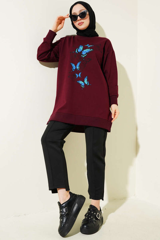 Butterfly Printed Two-Ply Tunic Burgundy