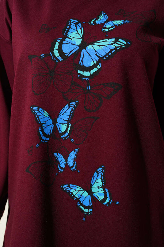 Túnica de doble hilo con estampado de mariposas en rojo burdeos