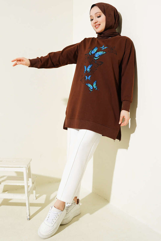 Butterfly Printed Two-Ply Tunic Brown